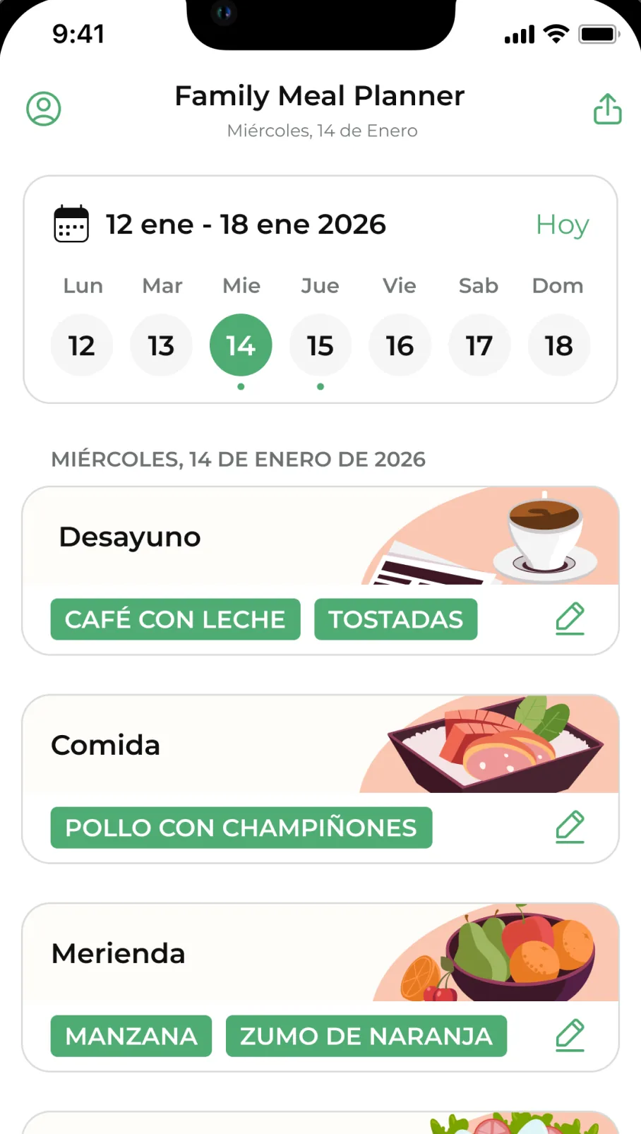 Pantalla de la app con el plan de comidas de un día: desayuno, comida y merienda