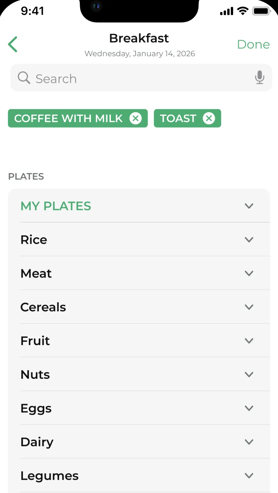 App screen showing the recipe book by category: rice, meat, cereals, fruit…