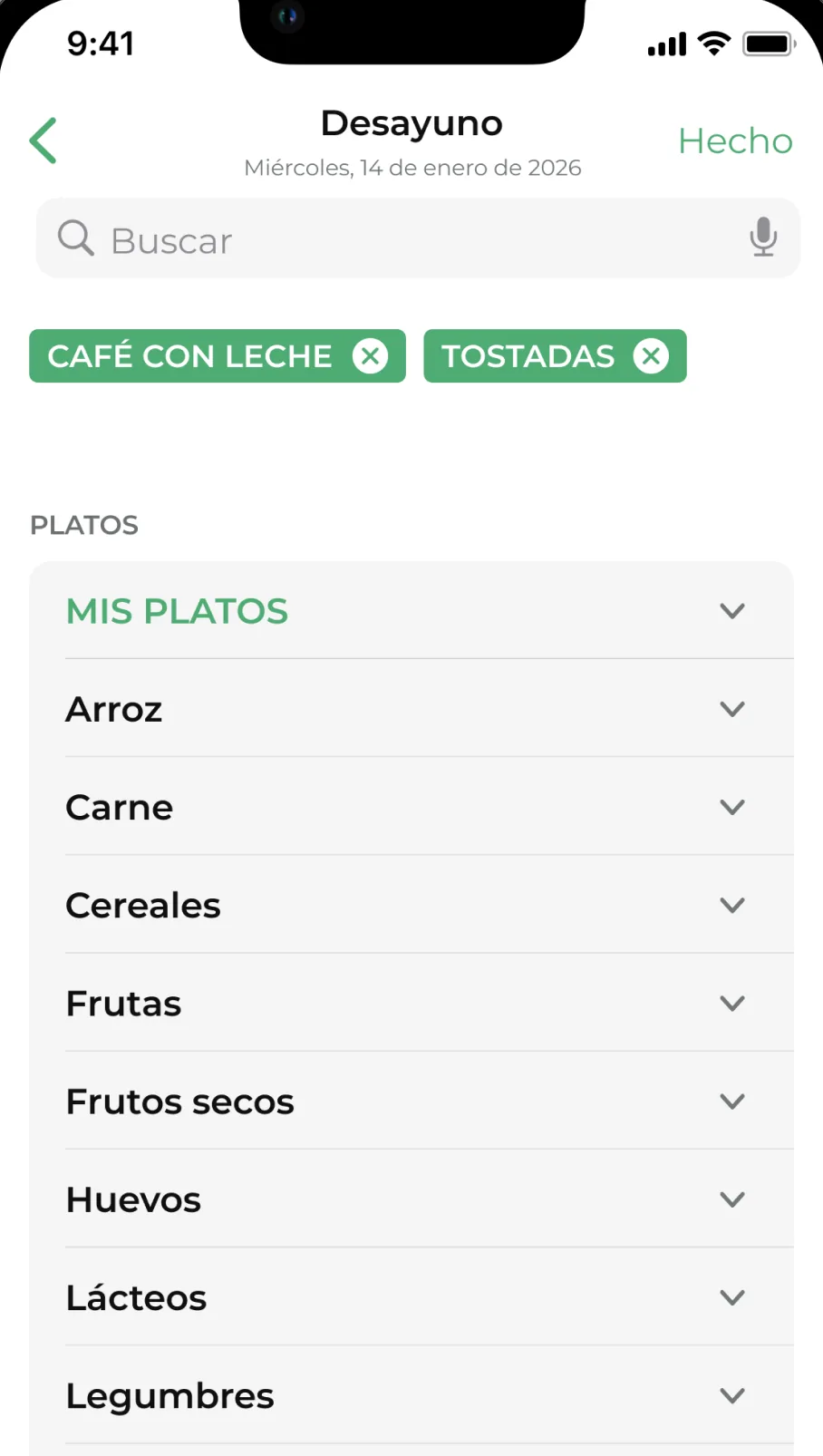 Pantalla de la app con el recetario por categorías: arroz, carne, cereales, frutas…