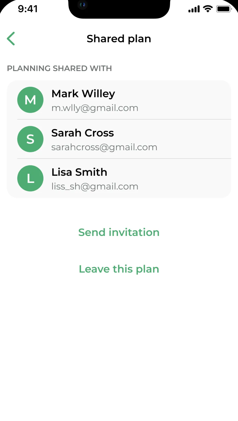 App screen listing the people the plan is shared with