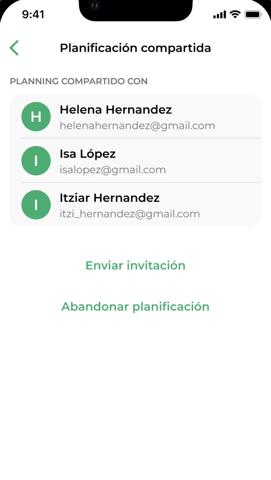 Pantalla de la app con la lista de personas con las que se comparte el plan